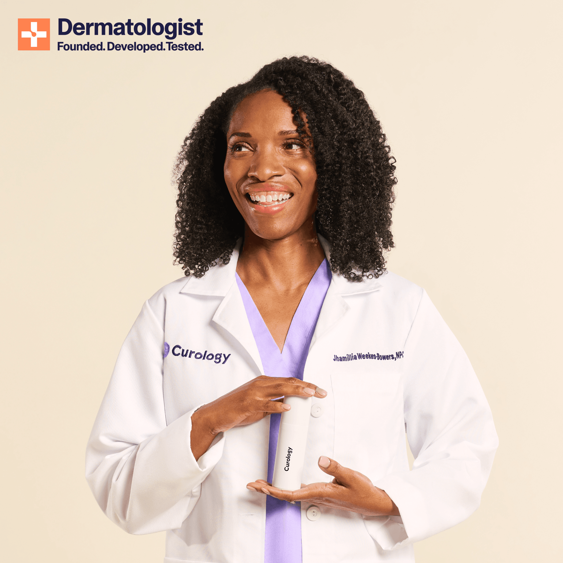 a woman in a white coat with the Curology logo, holding a bottle of the custom formula