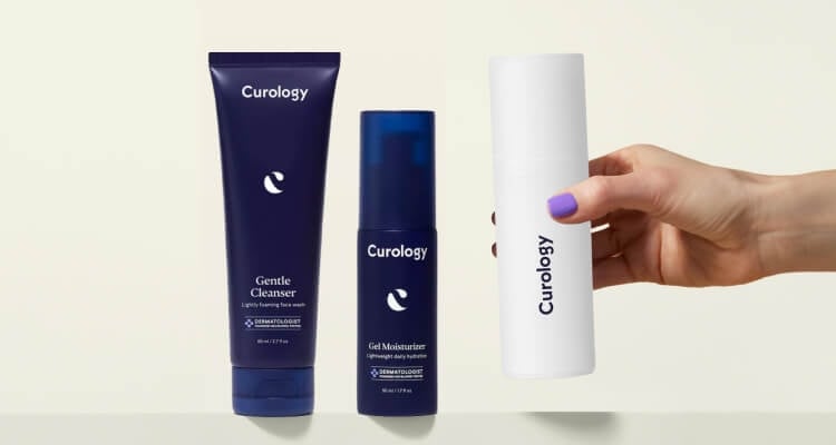 Four Curology products — Gentle Cleanser, Cream Moisturizer, Everyday Sunscreen (spf 30) and Emergency Spot Patches —  against a beige background