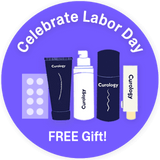 A purple badge with five animated Curology products that reads 'Celebrate labor day. Free gift!'